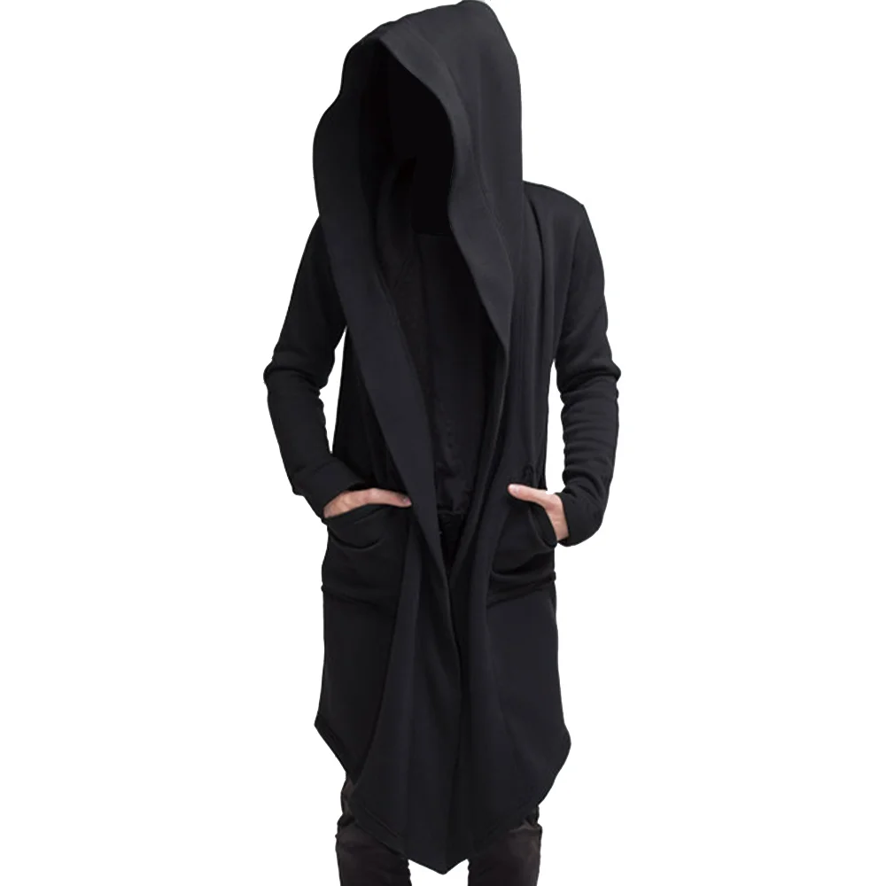 Mens Robe Hooded Cloak Spring Fashion Loose Pocket Warmer Coat Long Sleeve Casual Comfy Outwear