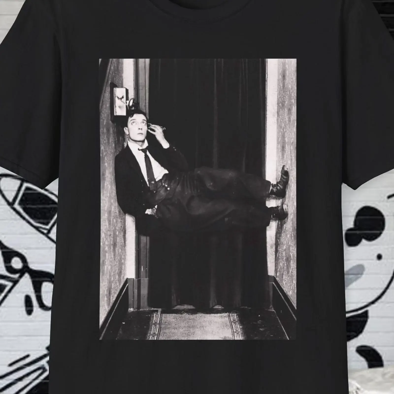 Classic Buster Keaton Black White Crew Neck T Shirt Vintage Silent Comedy Star Suit Print Casual vintage Washed graphic