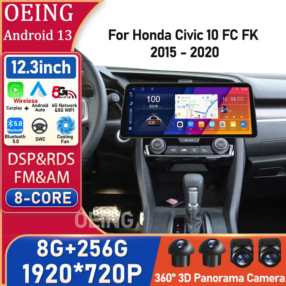 

12.3 Inch Android For Honda Civic 10 FC FK 2015 - 2020 QLED Screen Multimedia Video Player Car Radio GPS Navigation Autostereo