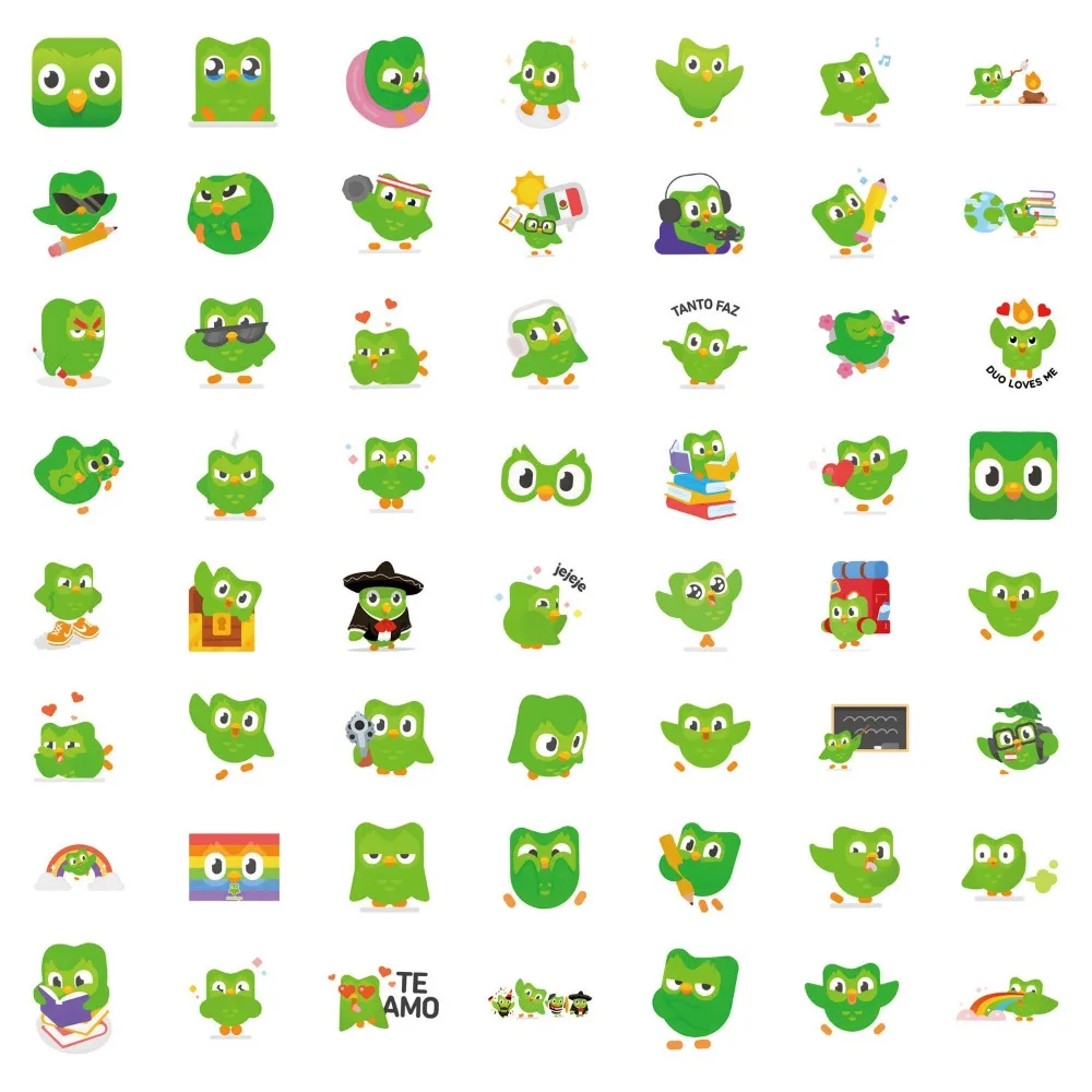 Espírito dos desenhos animados Duolingo Graffiti Adesivos, Bagagem Decorativa, Scooters, Conta Mão, Recompensa Guka, Etiqueta do Telefone Móvel, Brinquedo, 10 Pcs, 55Pcs