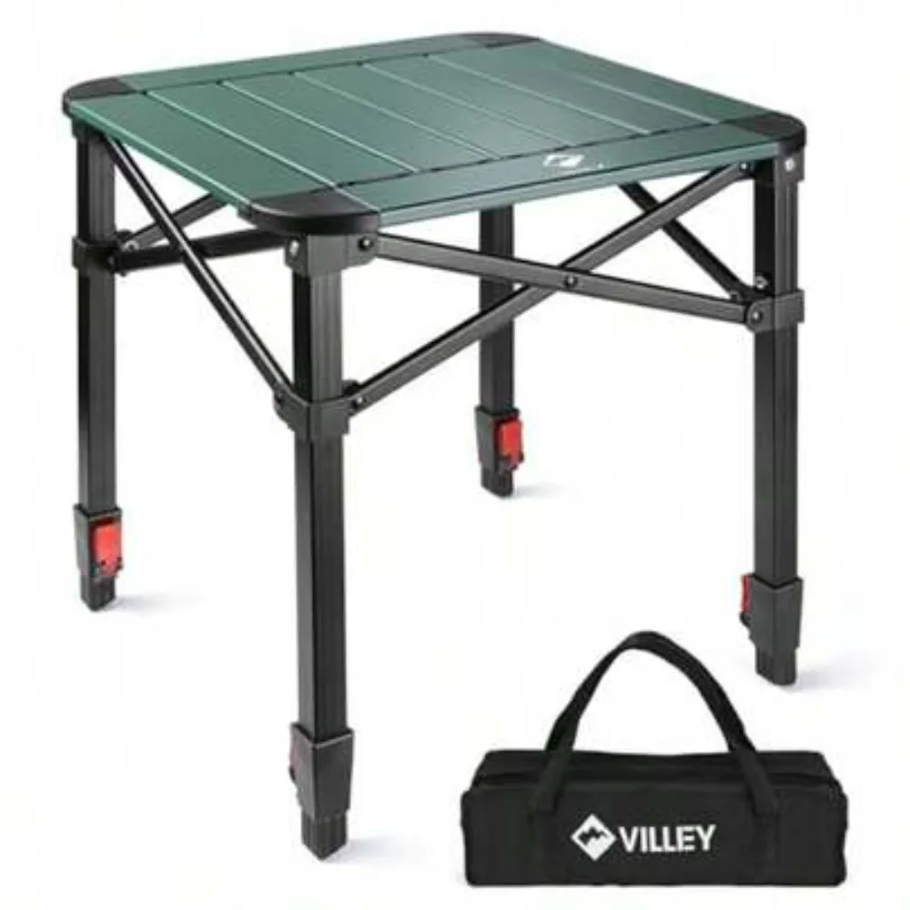 Folding Square Camping Table, Portable Aluminum Alloy Lightweight, Adjustable Height Legs, Non-Slip Feet, Quick Setup No Tools, Carry Bag Included, Sturdy Rustproof Frame Holds Up to 80 Lbs, Easy Clean Surface Seats 4, For Camping Picnic BBQ Beach