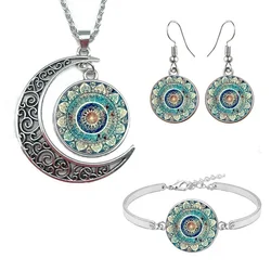 Glass Cabochon Pendant Necklace Bracelet Earrings Om India Yoga Mandala Jewelry for Women's fashion Gift Friendship Jewelry