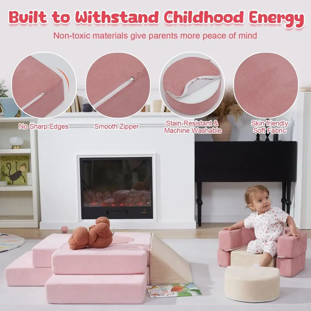 Toddler Foam Climbing Blocks Set, 13-Piece High-Density Play Structure, Washable Indoor Climbing Toys (Beige Pink)