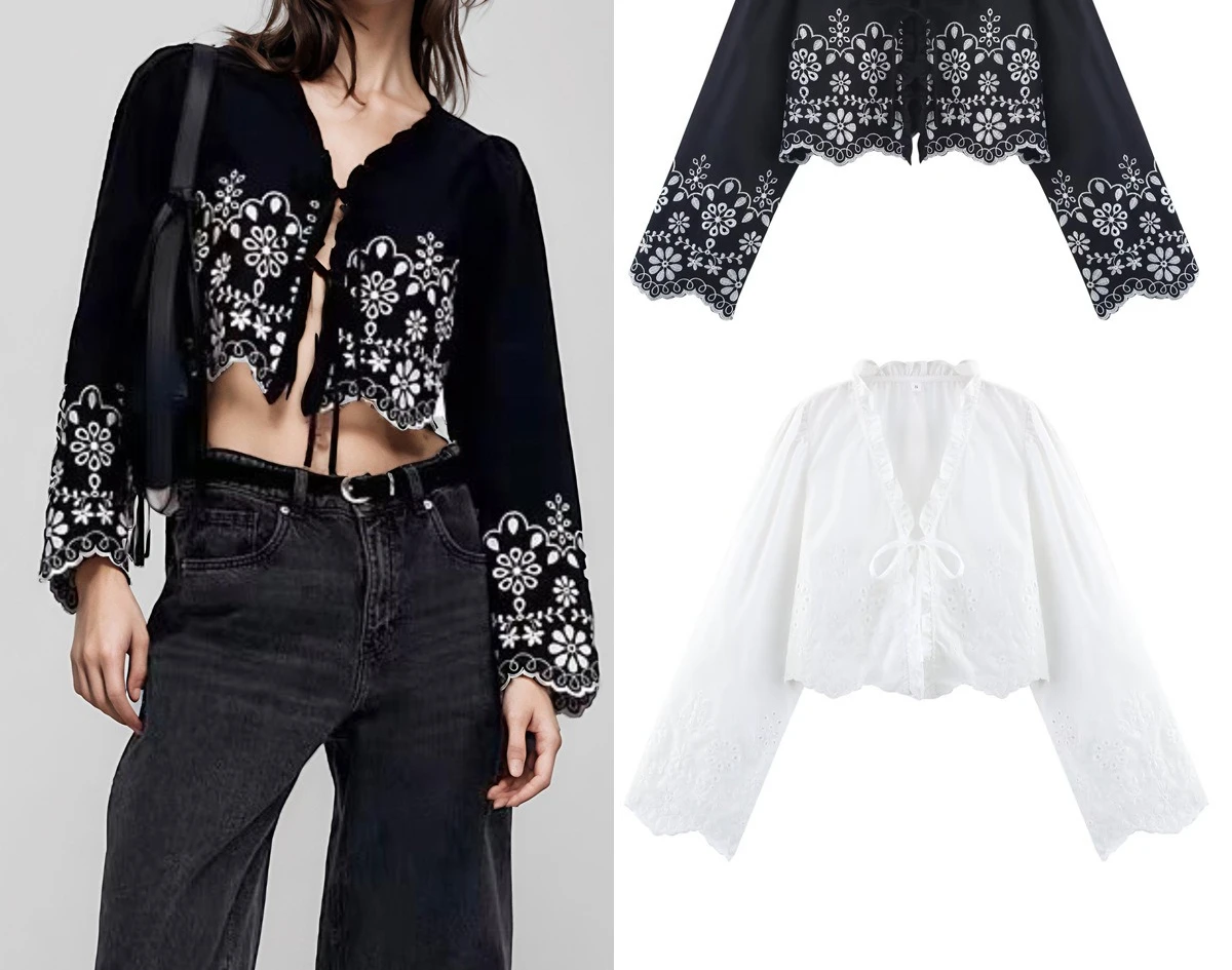 

Women's 2025 Spring Lace Collar Embroidered Long Sleeve Tied Blouse