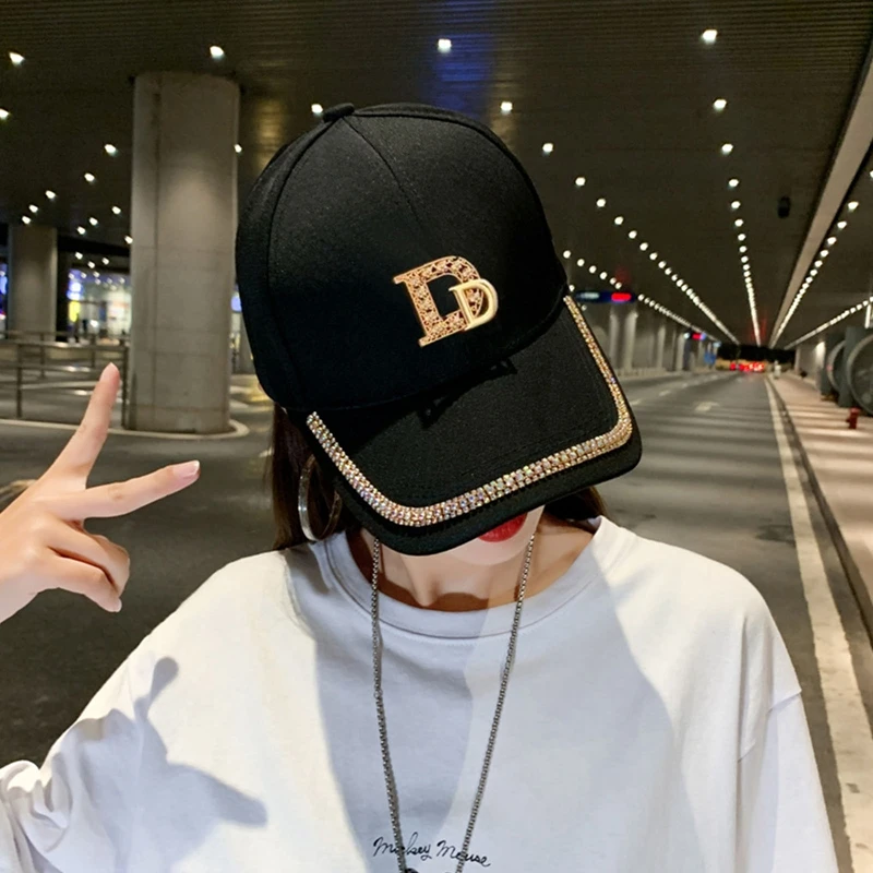 Women Baseball Caps Gold Rhinestones Shining M or D Causal Black White Fashion Cotton Snapback Hat Hiphop şapka Caps for Girls