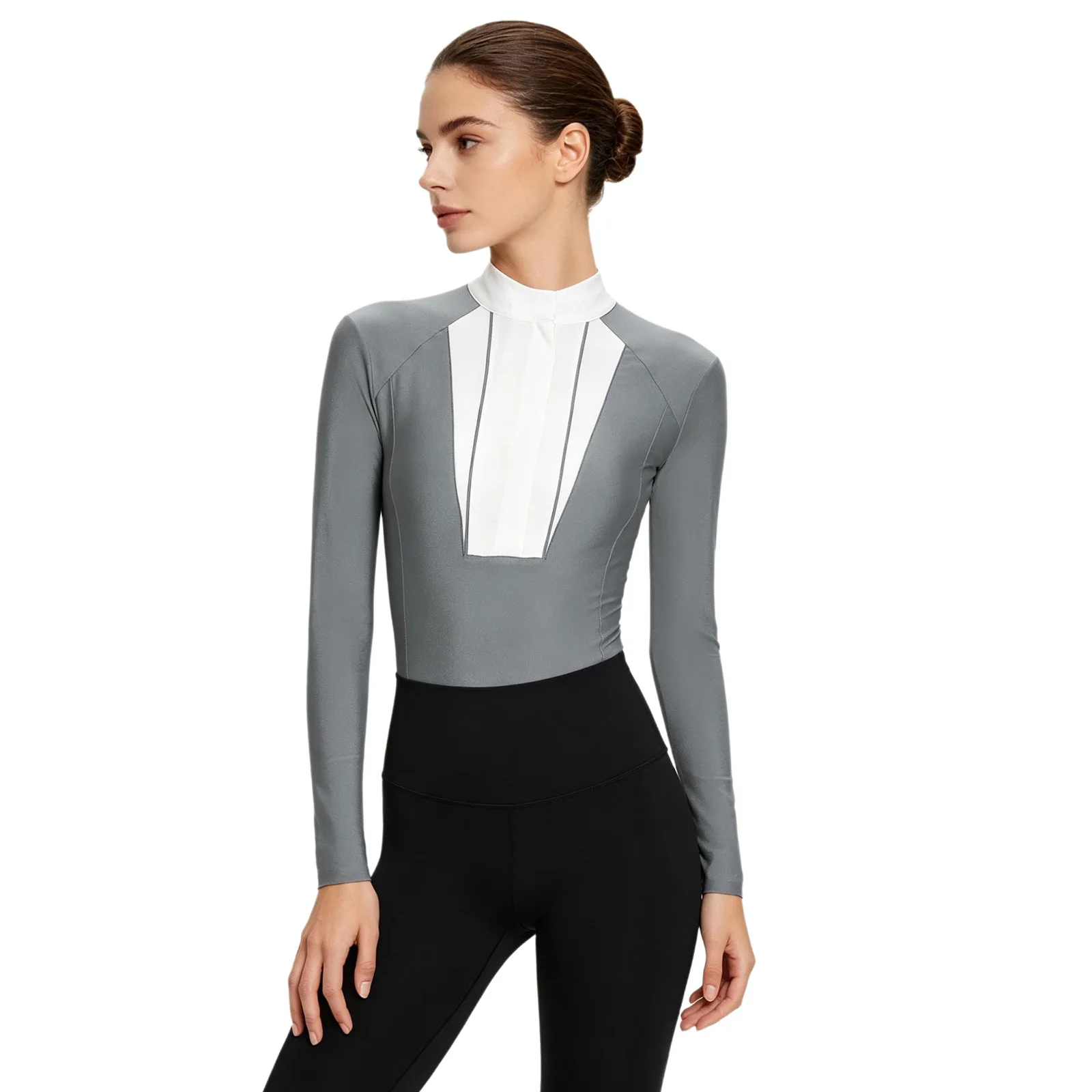 

Womens Equestrian Riding Horse Competition Shirt Slim Fit Jumpsuit Pleated Long Sleeve Buttoned Crotch Leotard Tuxedo Rompers