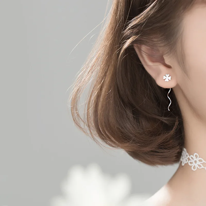 925 Sterling Silver Earrings Female Cute Four-leaf Flower 3.3CM Long Ear Wire Fashion Jewelry