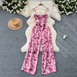 2024 Female Vacation Fashion Jumpsuit Lace Up Spaghetti Strap Pleated Slim Fit Wide Legs Beach Pants Print Summer Rompers