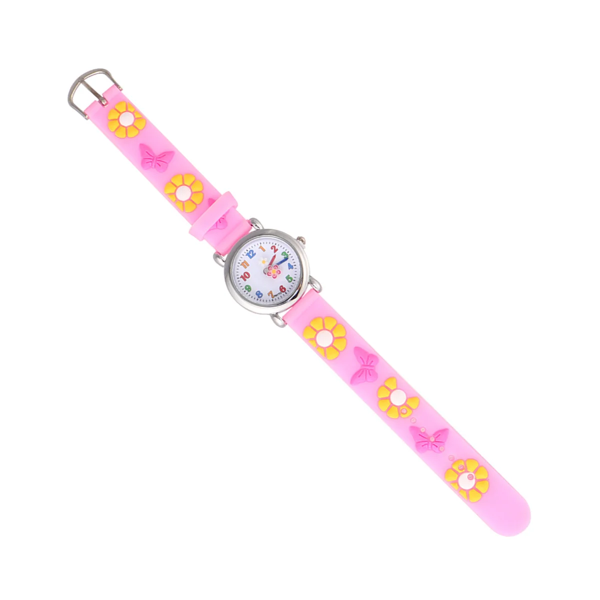 Creative Flower Design Watch Pink Silicone Band Lively Interesting Cartoon Pattern Childrens Timekeeper Watch