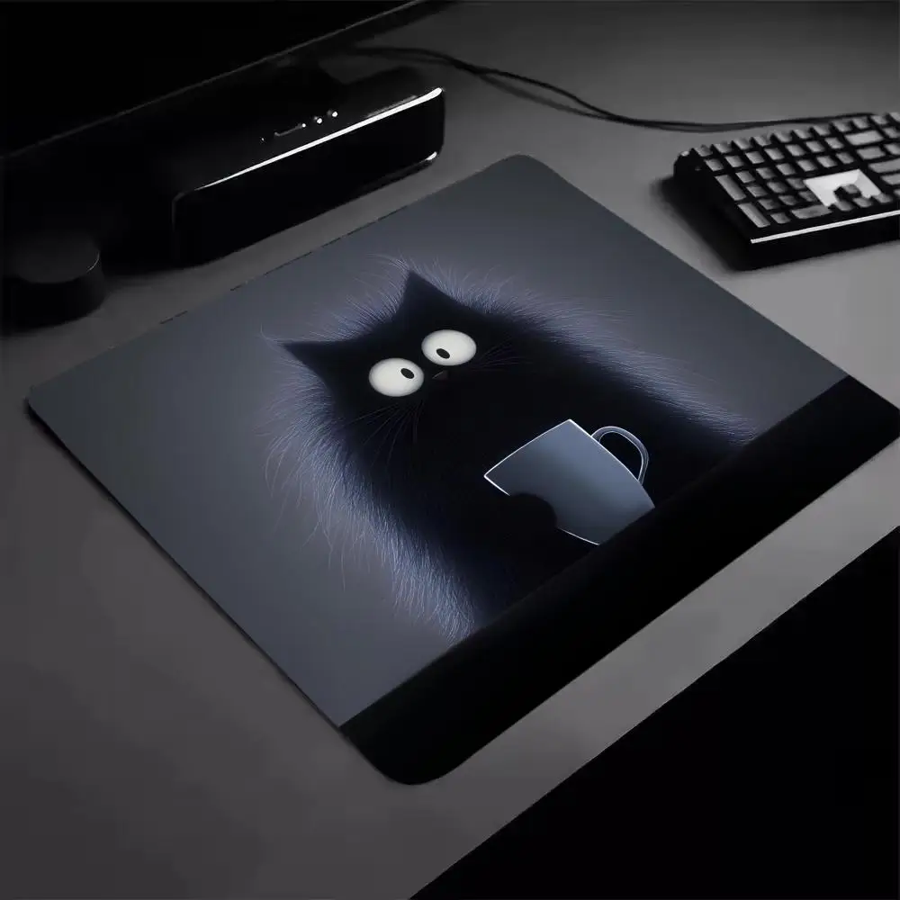A Fun Black Cat Hot Drink Printed Mouse Pad Samll PC Gaming Rubber Non-slip Table Mat Suitable for Office E-sports Game Mousepad