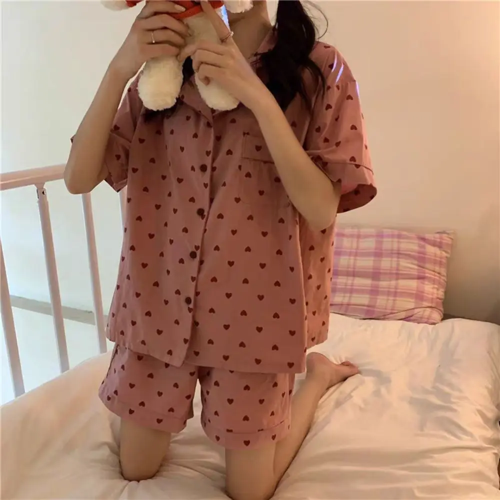 

Leopard Print Heart Pajama Suit Slim Fit V Neck Shorts Camisole Nightwear Women Sleepwear Short Sleeve Two Pieces Sleepwear Sets