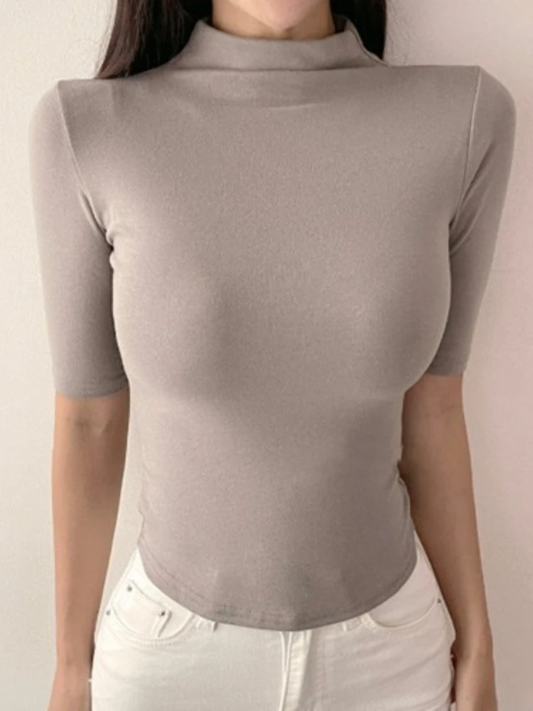 Women Turtleneck Slim Tshirt Femme Half Sleeve T-shirts Female Casual Elasticity White Basic Tee Shirt Woman Spring Simple Top