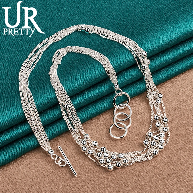 URPRETTY 925 Sterling Silver 18 Inches Six-Line Light Beads Necklace For Man Woman Party Wedding Engagement Charm Jewelry Gift