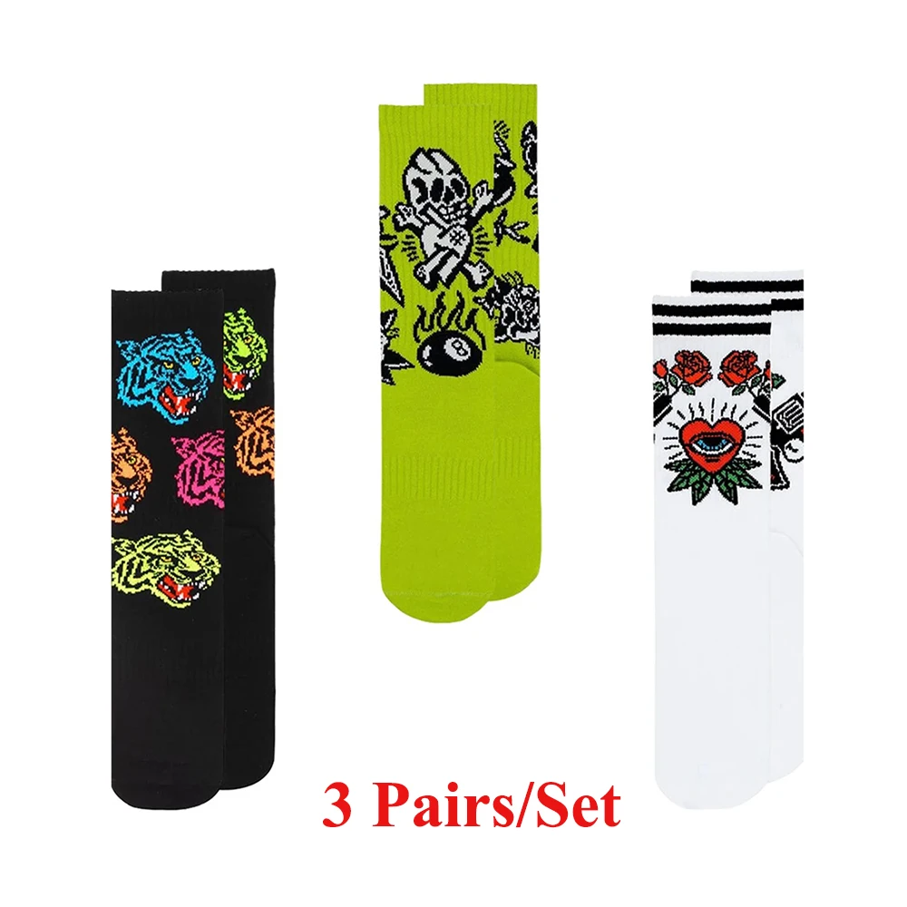 

3 Pairs/Set Harajuku Crew Socks Skull Heart Rose Tiger Skeleton Elastic Unisex Cotton Women Men Stocking Novelty Chic Socks Bulk