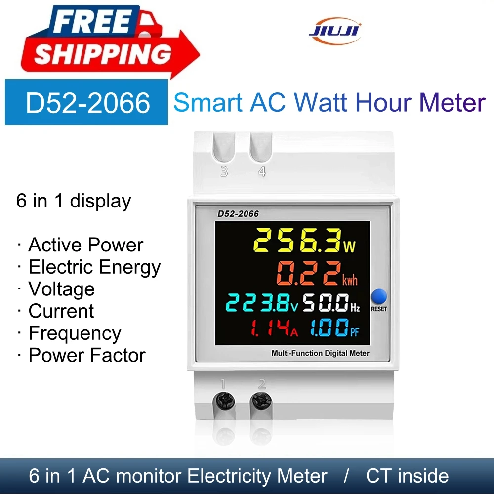 

6IN1 din rail AC monitor smart kilowatt-hour meter D52-2066 220V 110V 380V ct inside