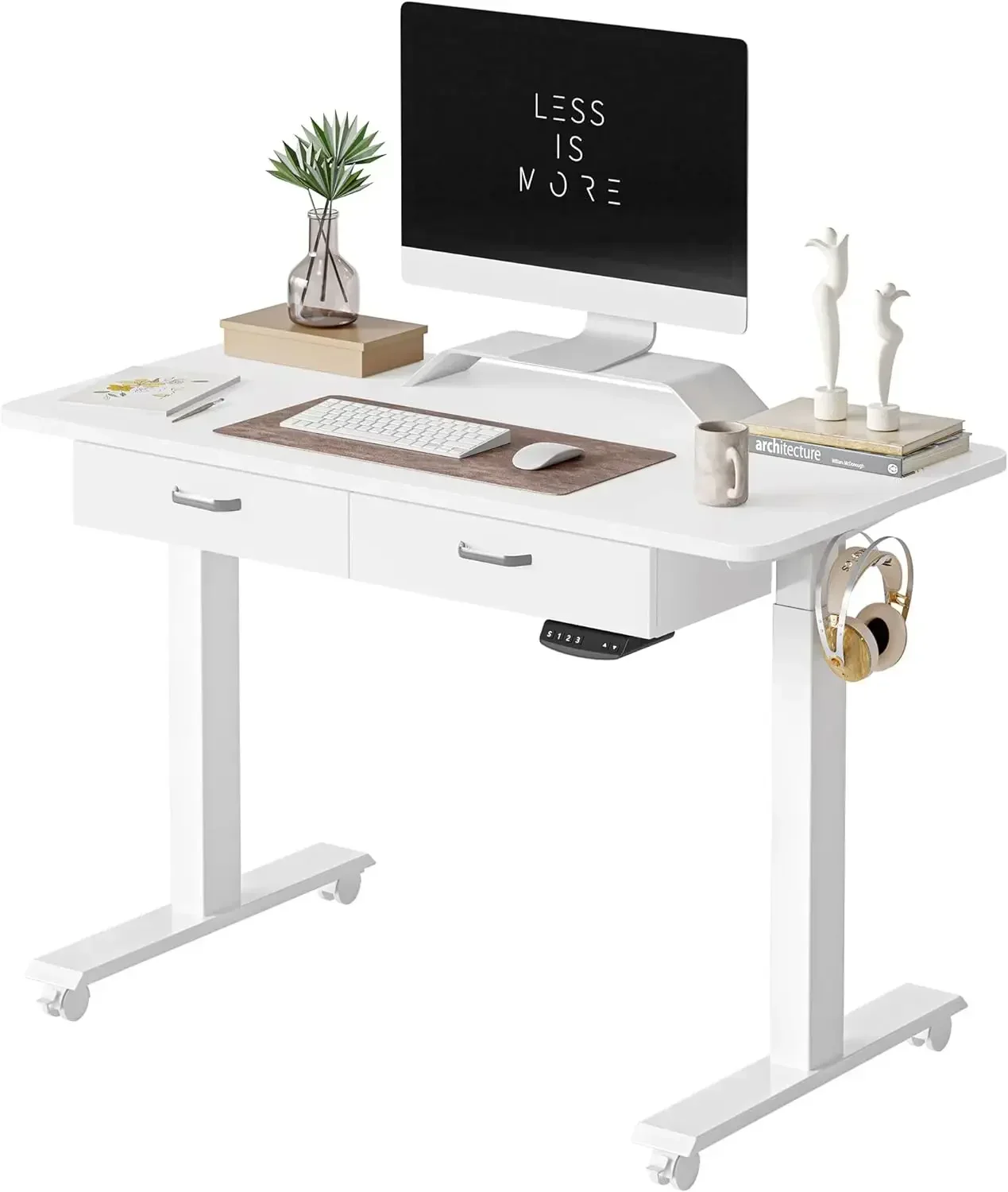 Adjustable Height Electric Standing Desk With Double Drawer, 48 X 24 Inches Stand Up Home Office Desk With Splice Tabletop
