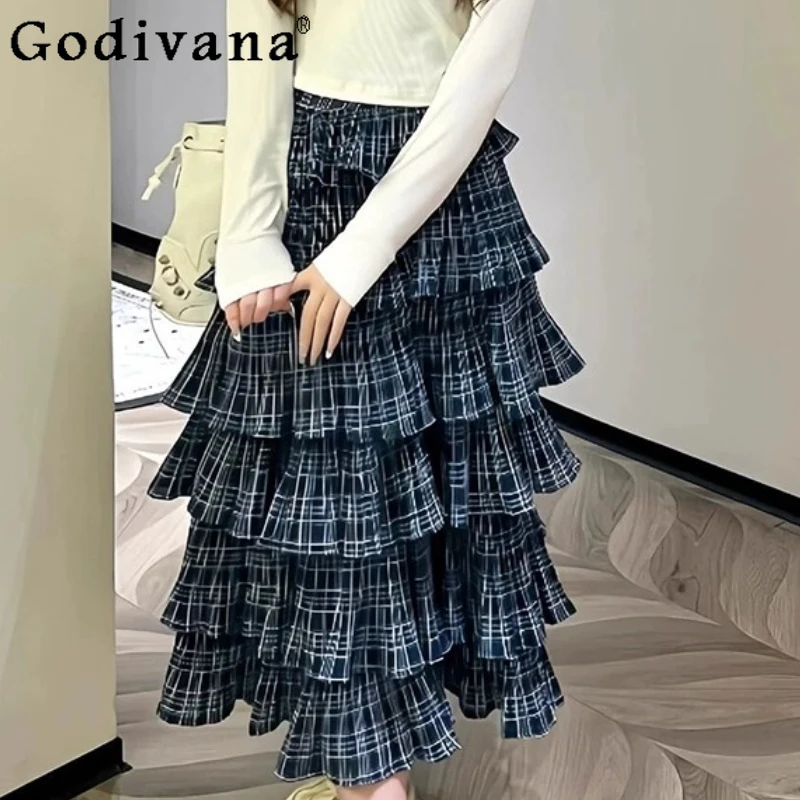 

Large Size L-4XL French Retro Plaid Cake Skirt Skirt Girl Summer New High Waist A-line Sweet Age Reduction Blue Japanese Skirts