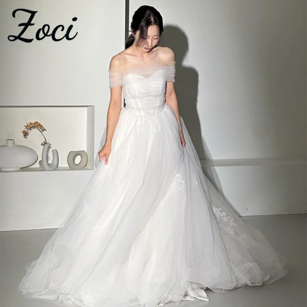 

Zoci Princess Sweetheart Korea Wedding Dresses Customized Shiny Tulle Lace Appliques Bride Gown Corset Photos Shoot Bridal Dress