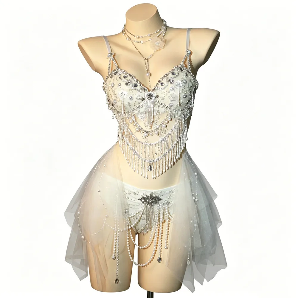 White Rhinestone Pearl Chain Bikini Rave Outfit Women 2 Piece Mesh Skirt Music Festival Costume Bar Nightclub Stage Performance view 4