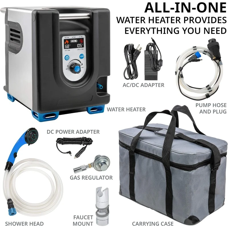 Portable Propane Water Heater & Shower Pump w/Built-in Battery | Compact Outdoor Cleaning & Showering System w/LCD