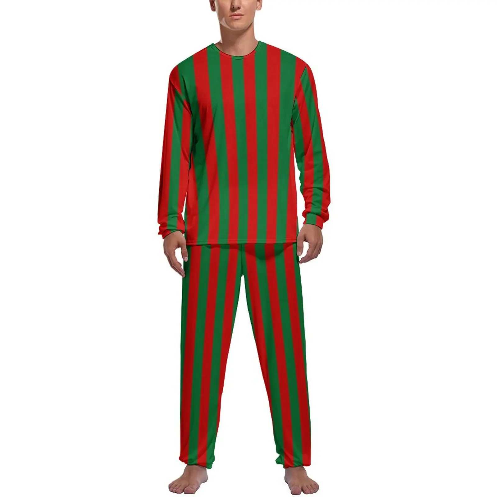 Vertical Striped Print Pajamas Men Red And Green Cute Nightwear Winter Long Sleeve 2 Pieces Casual Graphic Pajama Sets