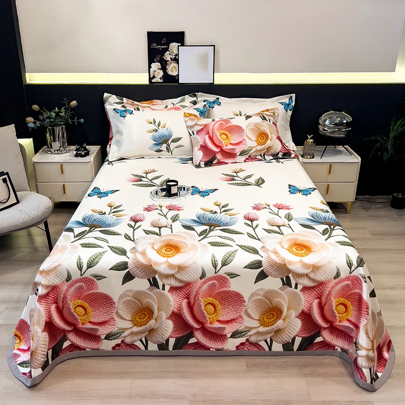 Summer cool bed cover Luxury double size mat Ice silk linen sets Air conditioning full bed sheets set Mattress with pillowcases
