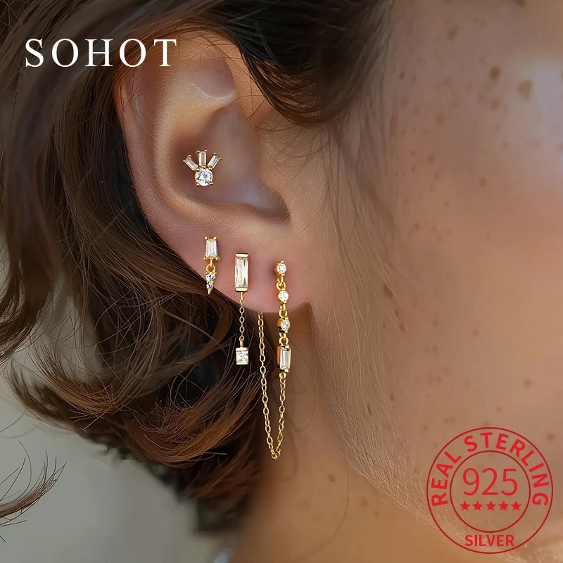 

1 Pcs Real 925 Sterling Silver Minimalist Square Zircon Tiny Stud Earrings for Women Trendy Fine Jewelry Geometric Accessories