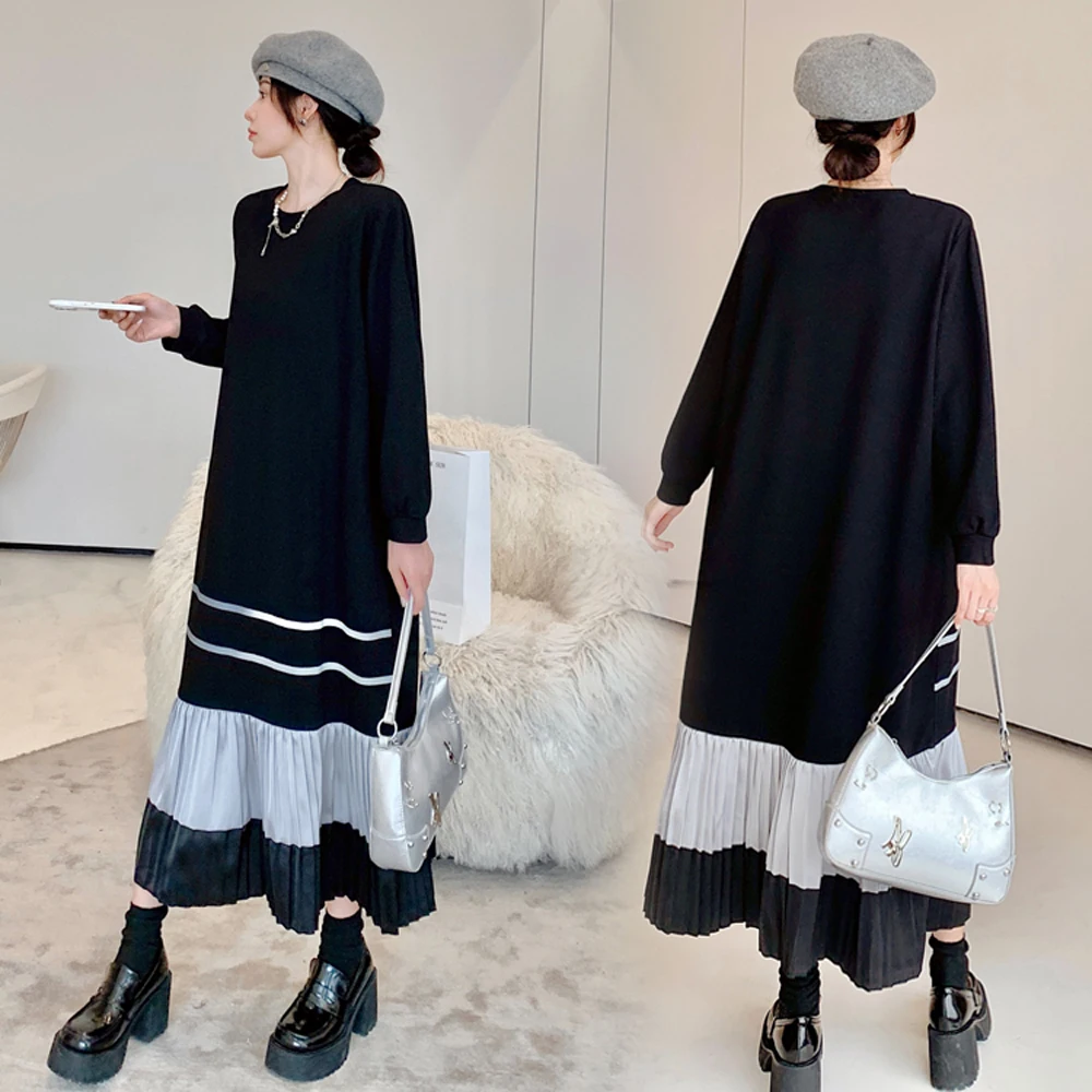 2025 خريف شتاء جديد إمرأة فستان طويل فضفاض حجم كبير رداء المرقعة الساتان هيم Elbise فساتين طويلة