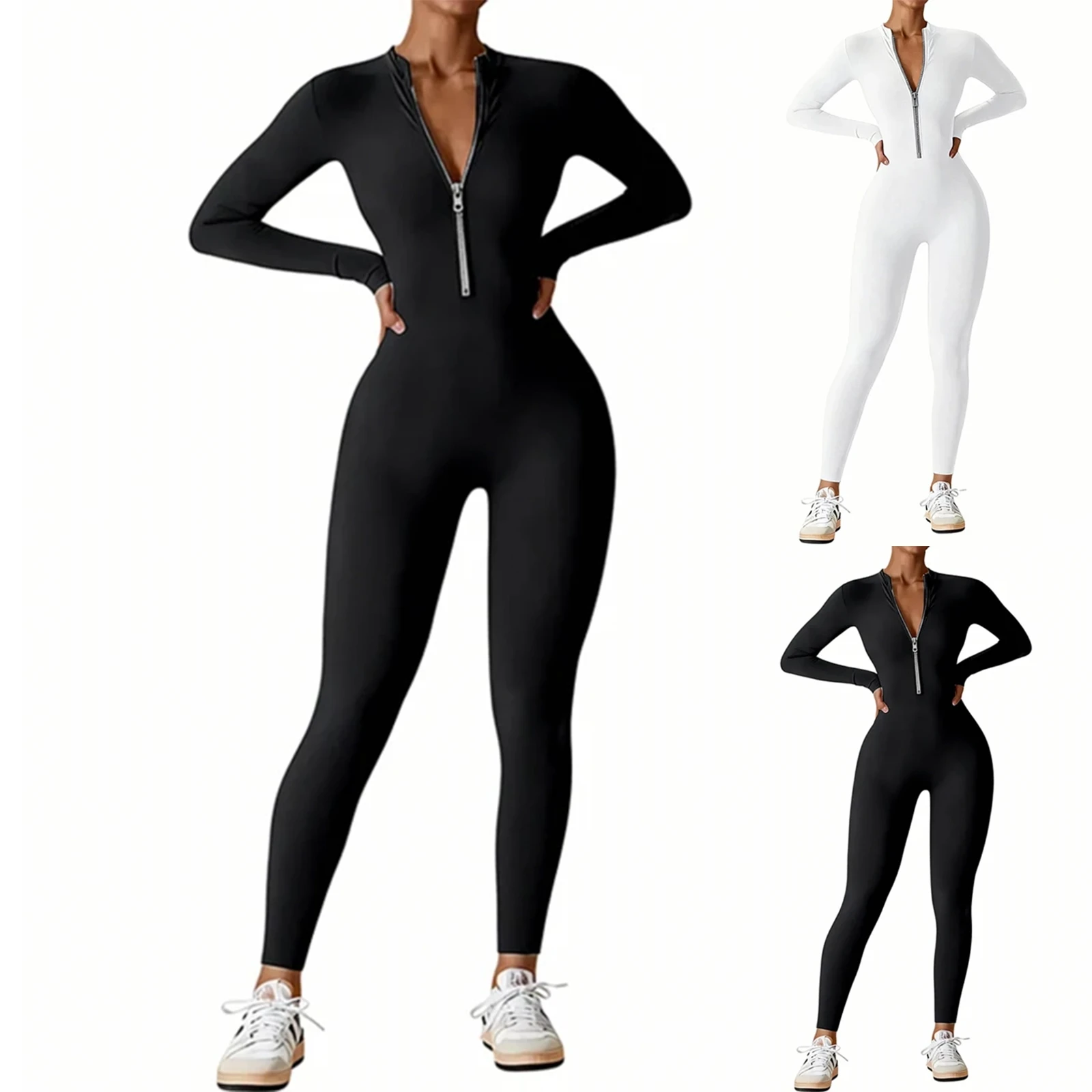 

Women Long Sleeve Workout Jumpsuit Zip Up Romper Bottom Pants Bodysuit Bodycon Women Gym Clothing Running Fitness Suits