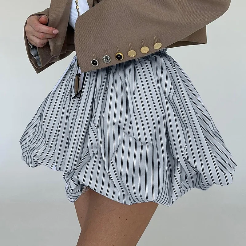 European and American French balloon skirt 2025 women's summer new striped pleated mini fluffy high waisted skirt