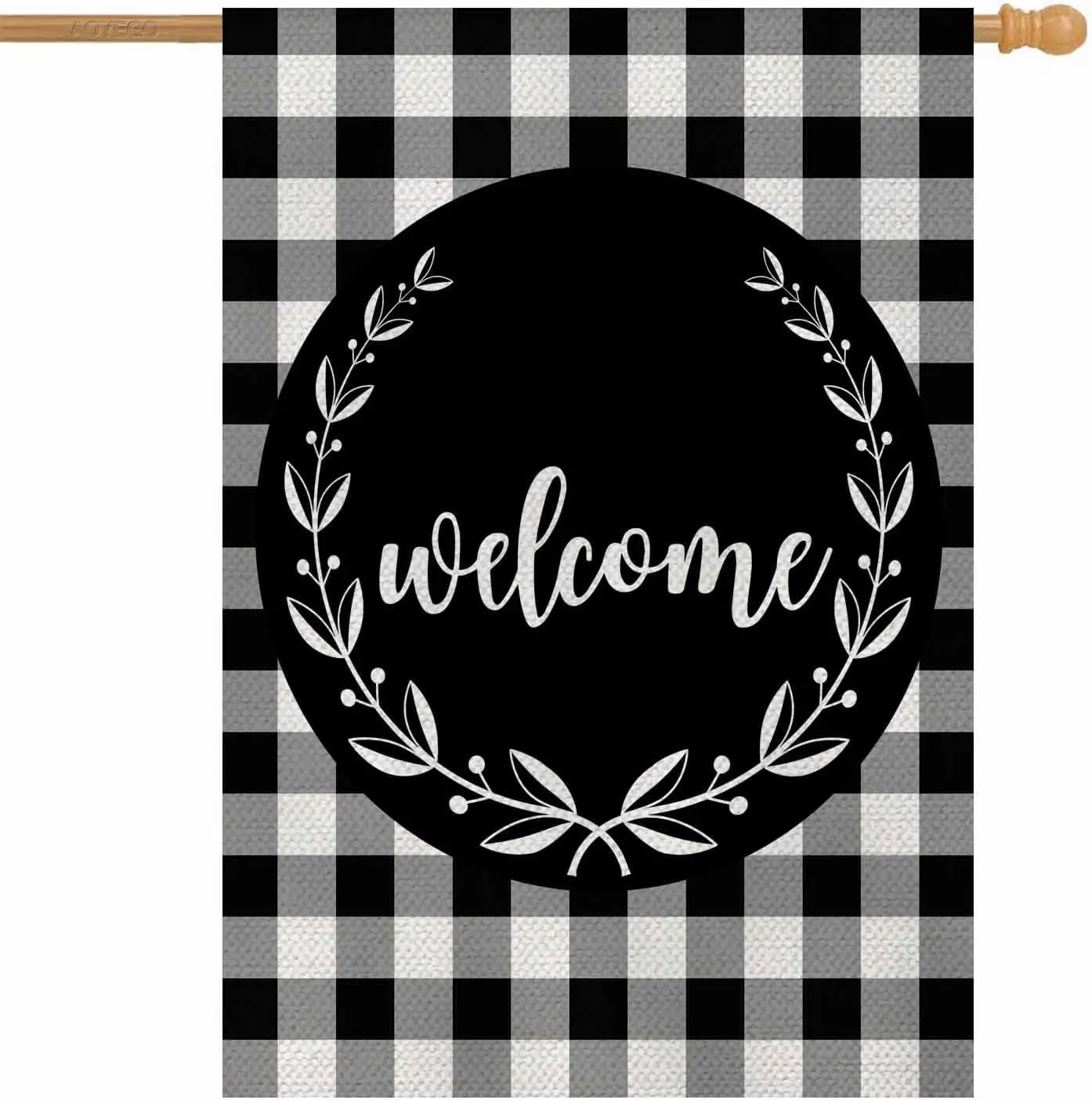 AOYEGO Welcome Laurel Wreath House Flag 28 x 40 Inch Large Vertical Double Sided Black White Buffalo Checked Plaid Seasonal  EEZ