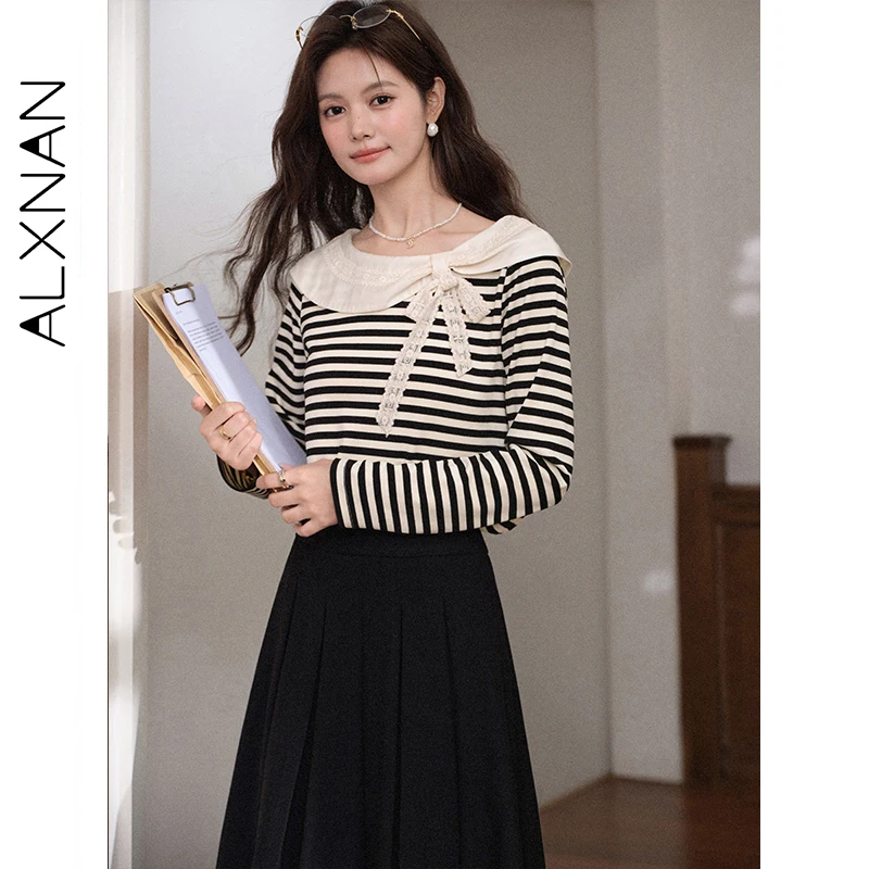 

ALXNAN черно-белая полосатая футболка женская кружевная строчка с бантом декольте элегантная футболка с длинными рукавами свободного покроя женские топы L559112-1