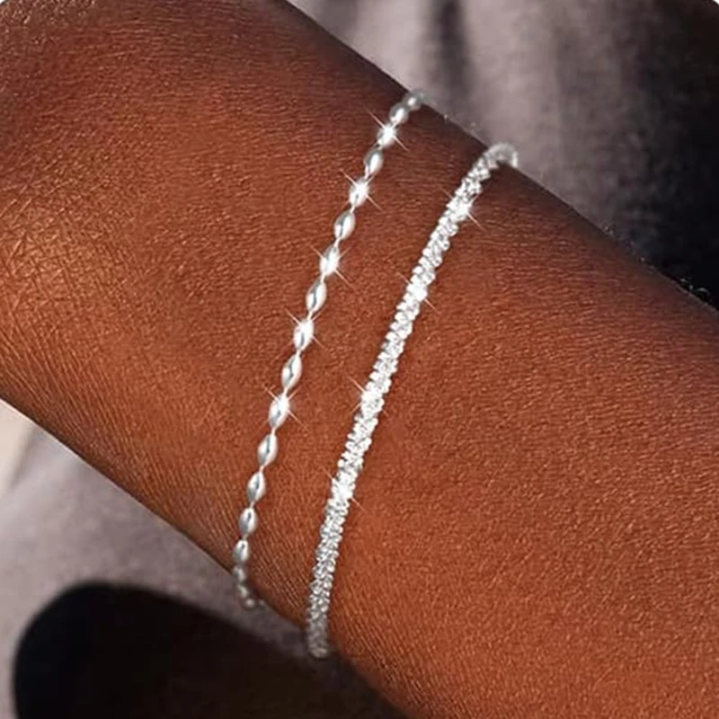 Dainty Silver Plated Minimalist Bracelets for Women Sparkling Stackable Paperclip Chain Bracelets Set Jewelry Birthday Gifts