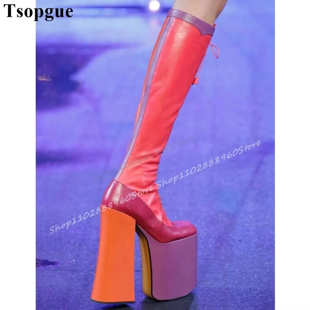 

Knee High Mixed Leather Platform Knight Boots Thick Heel Shoes For Women Side Zipper Round Toe Catwalk Occidental Stylish Boots