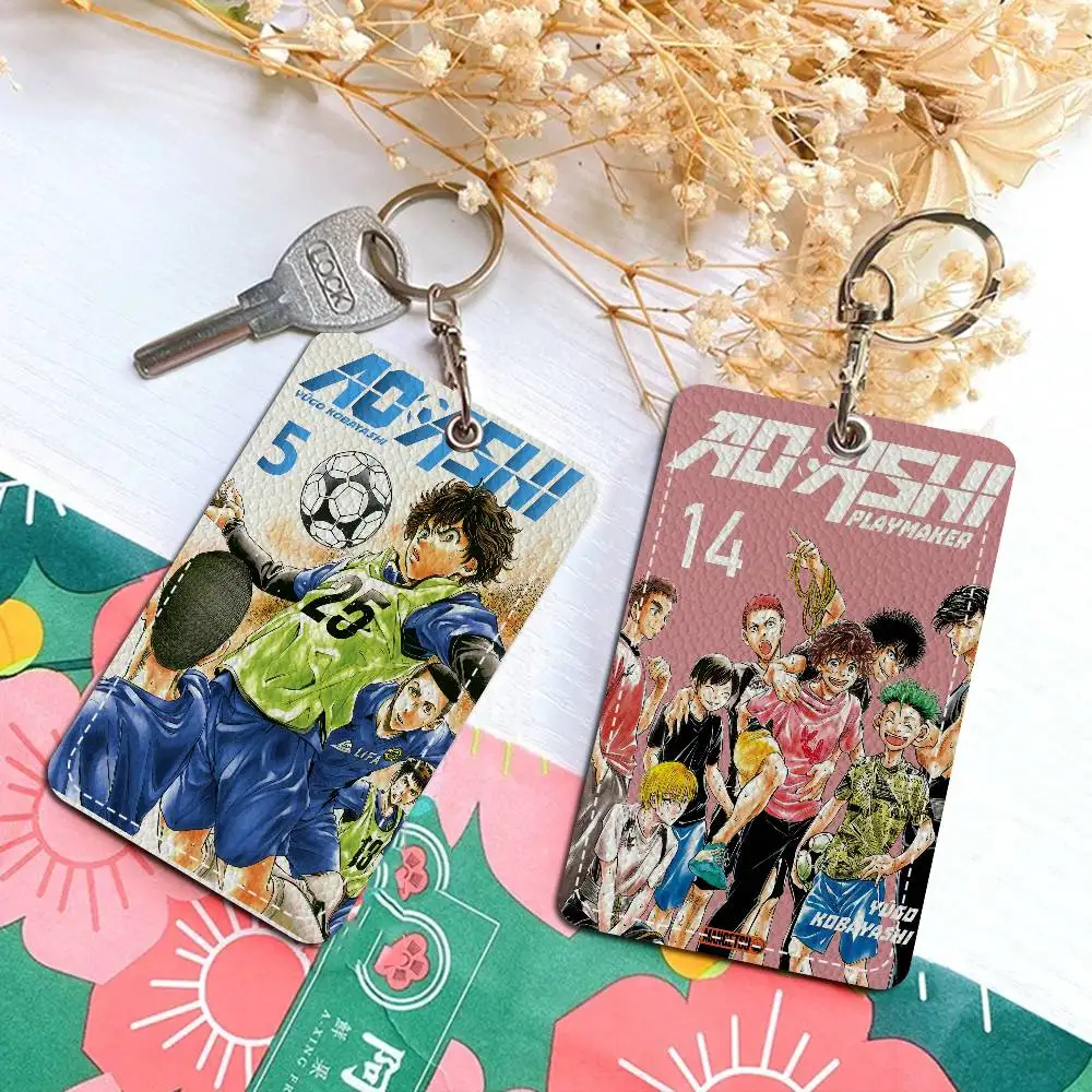 Porta tarjetas de acceso de PU estilo anime Ao Ashi con llavero - Protección ejecutiva para tarjeta bancaria, subterráneo, estuche para tarjetas de autobús