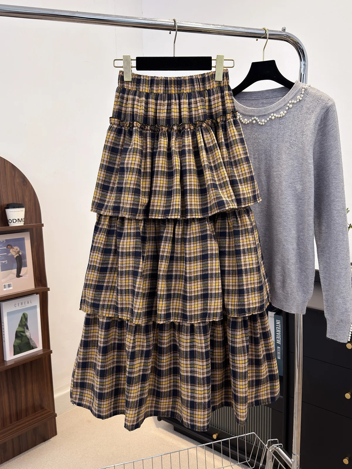 Retro British Blue Plaid Tiered Cake Skirt Women Elastic High Waist Ruffled A-line Midi Skirt Harajuku Preppy Puff Umbrella Skir