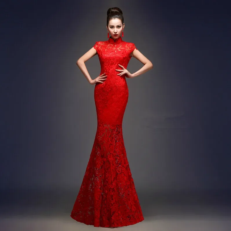 Gaun pernikahan Cheongsam gaya China antik gaun panggang Retro gaun panjang pernikahan ramping Qipao gaun pesta malam Vestido merah