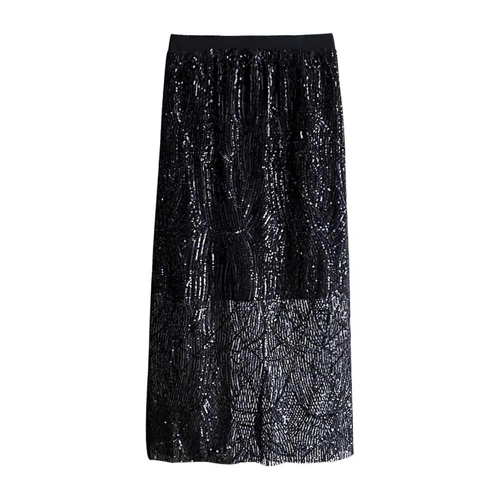 Sequins Midi Skirt Women\'s Clothing Layers Tulle Skirts Womens Black Thin Adult Tulle Skirts Elastic High Waist Pleated Straight