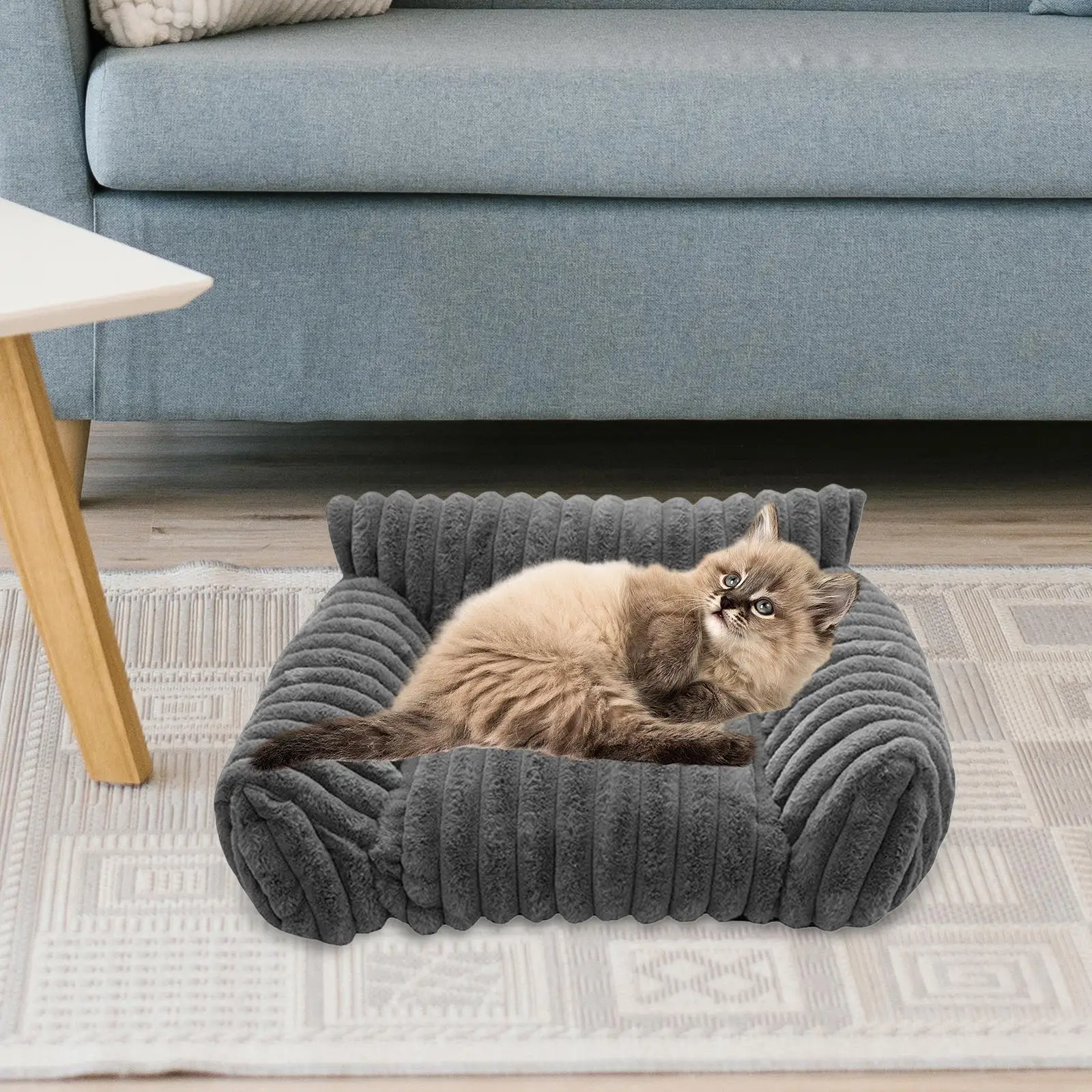 Plush Cat Bed Sofa for Small Pets Anti Slip Washable Pet Couch with Armrest Comfortable Home Bedroom Accessory