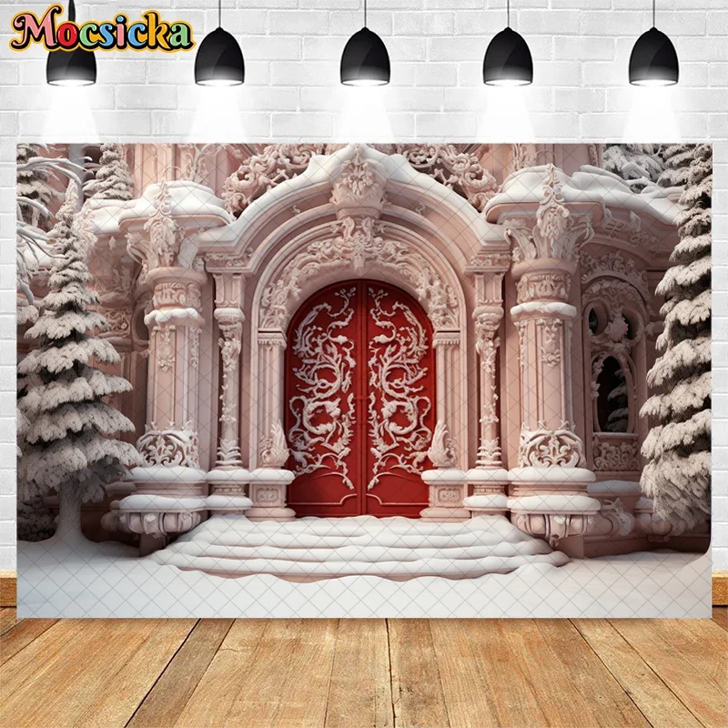 Mocsicka Photography Background Winter Christmas Red Wood Door Candy Xmas Party Kids Family Portrait Decor Backdrop Photo Studio