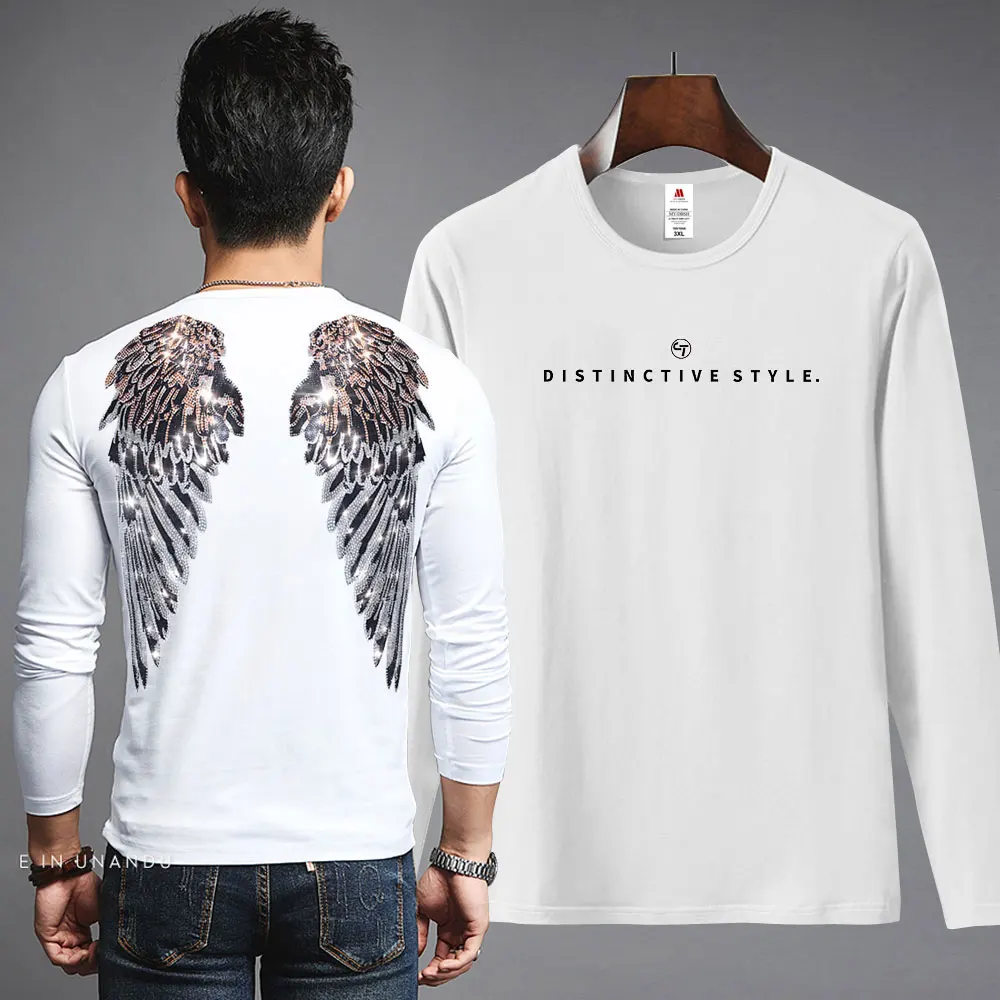 New Men Rhinestone Wings T Shirt Man\'s Casual Pullover Tshirt Male Streetwear Hip Hop Tees Shirt Outerwear Stage Clothing