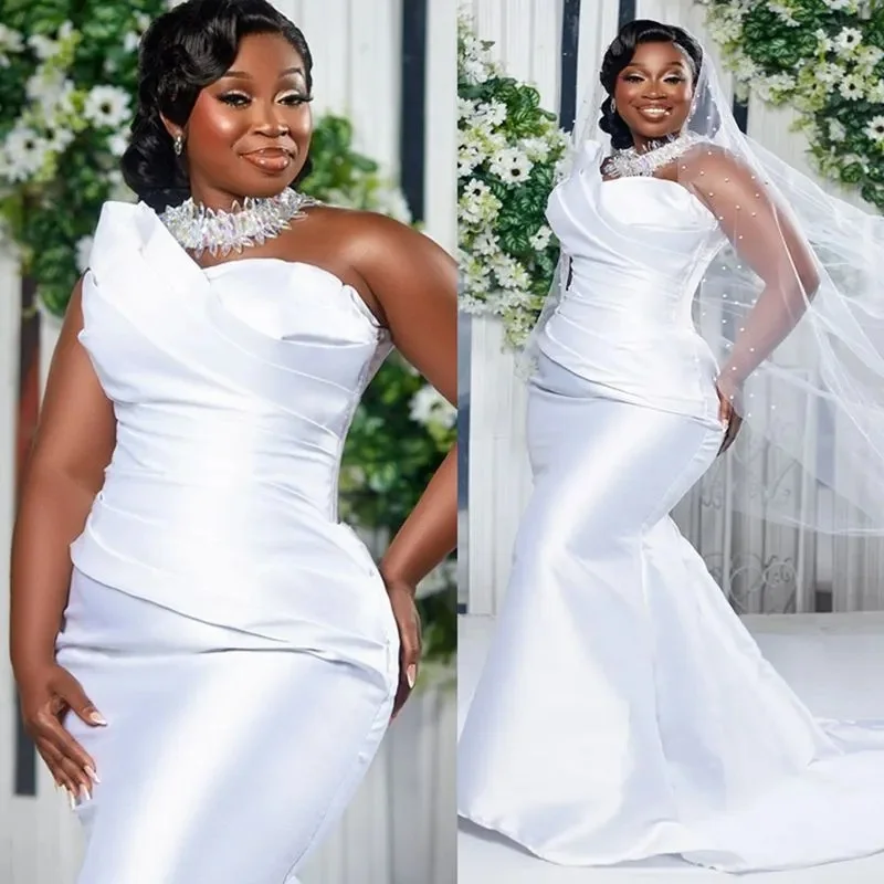 Vestido de casamento africano personalizado, vestidos de noiva plus size, sereia, cristais, pescoço, pérolas, vestidos de renda frisada, nigéria