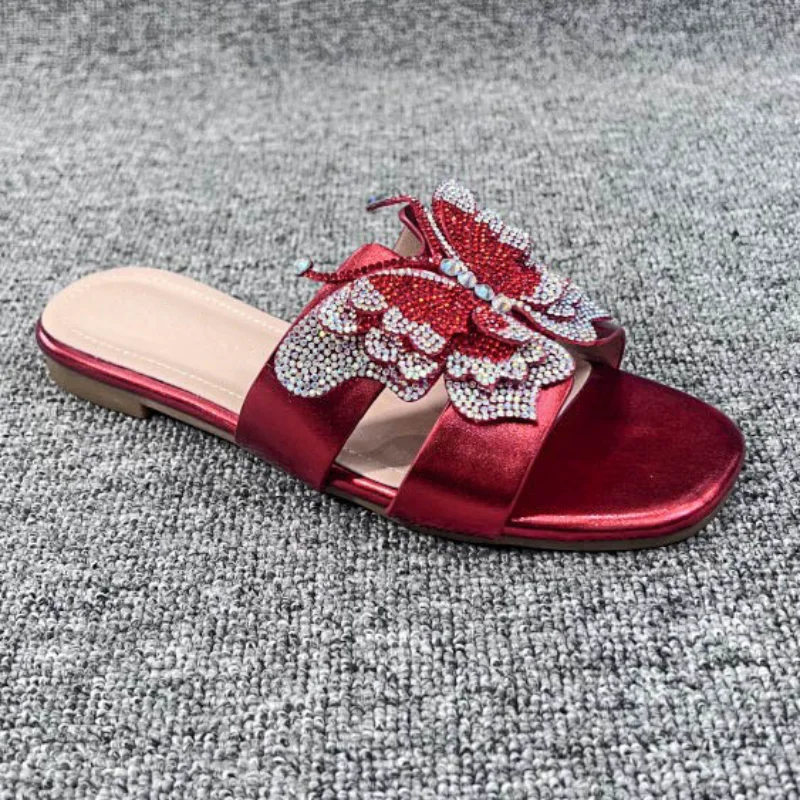 Ladies Shoes on Offer 2023 Summer Footwear Sweet Rhinestone Butterfly Decoration Female Shoes Open To Flat Party Ladies Slides