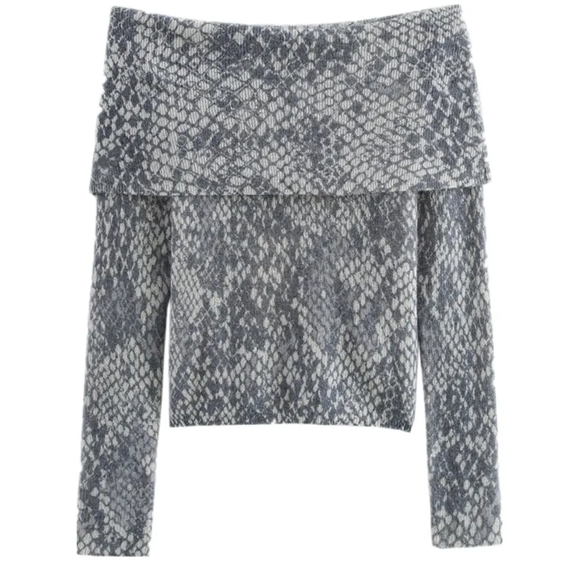 Spring 2025 Women's Animal Embroidered Casual Knitwear oulder Bared Long Sve Straight Collar Longitudinal Commute Sle