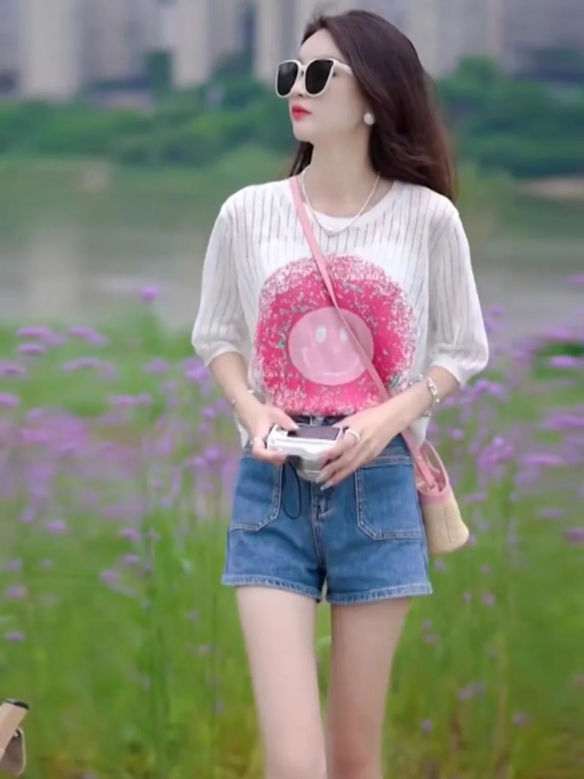 

Ice Silk Short Sleeve Knitted T-Shirt Women's Summer New Design Printed High Fashion Top Korean Style Polyester Fiber Casual ...