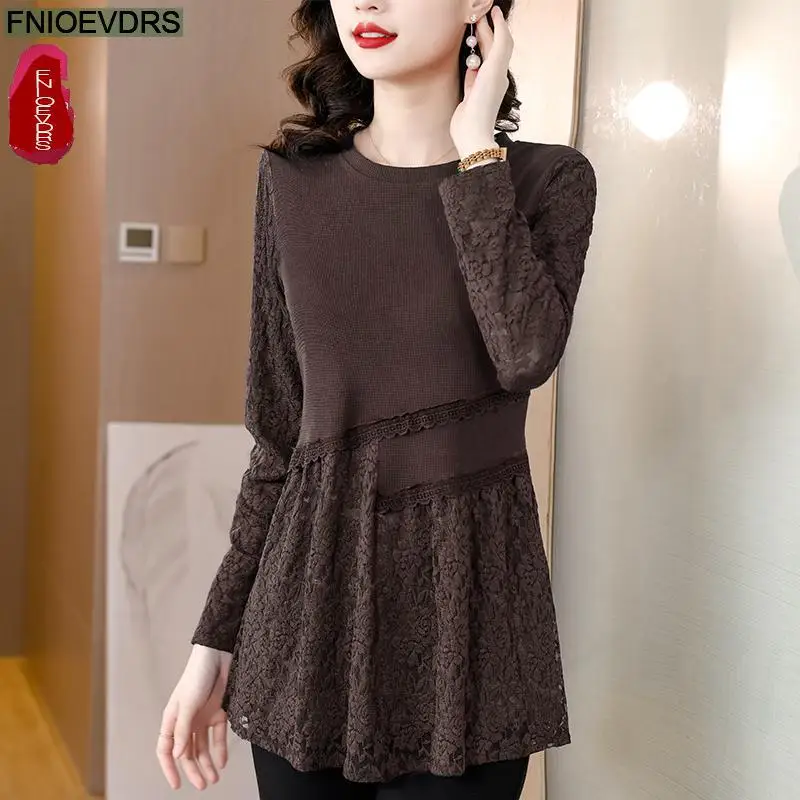 L-5XL Tunic Tops Hot Sales Women Long Sleeve Elegant Office Lady Patchwork Lace Warm Velvet Belly Design Peplum Top Blouses