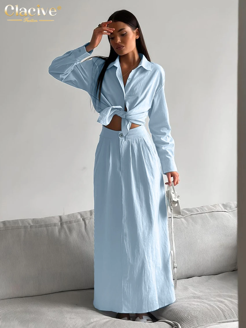 

Clacive Fashion Loose Blue Cotton Skirt Sets For Women 2 Pieces Elegant Long Sleeve Shirt With High Waist Long Skirts Set Female