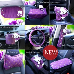 Crystal Diamond Car Steering Wheel Covers Purple Leather Handlebar Cover Seatbelt Headrest Pad Car Interior Accessorie For Women