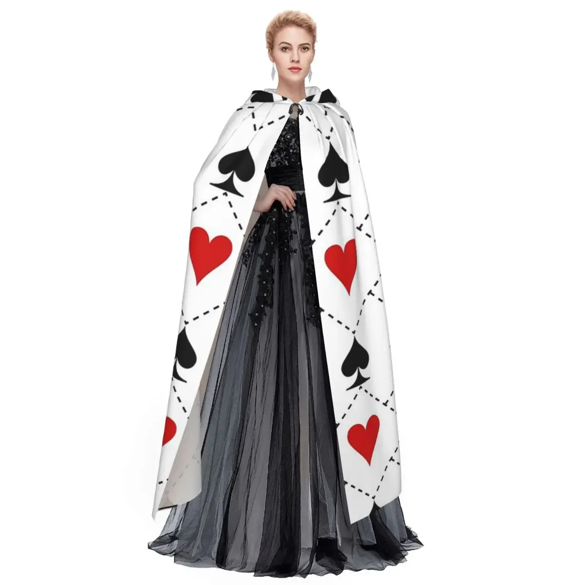 Custom Playing Cards Suit Symbols Pattern Long Hooded Cloak Witch Medieval Costume Cosplay Cape HalloweenCoat Adult Unisex