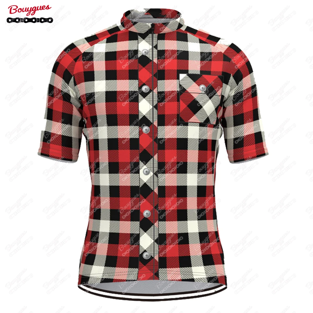 Plaid Checkered Shirt Cycling Jersey For Men Short Sleeve Reflective MTB Maillot Downhill Pro Team Mountain Bicycle Clothing